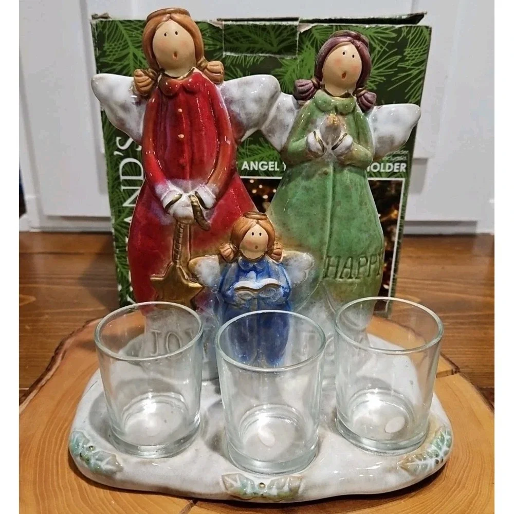 Vintage Kirklands Ceramic Angel Triple Votive Candle Holder Figure Christmas Joy